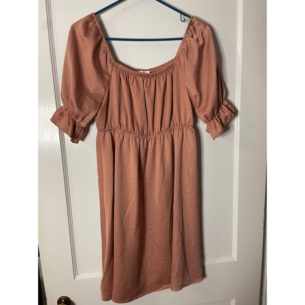 First Love‎ Women's Pink Square Neck Puff Sleeve Smocked Empire Waist Dress